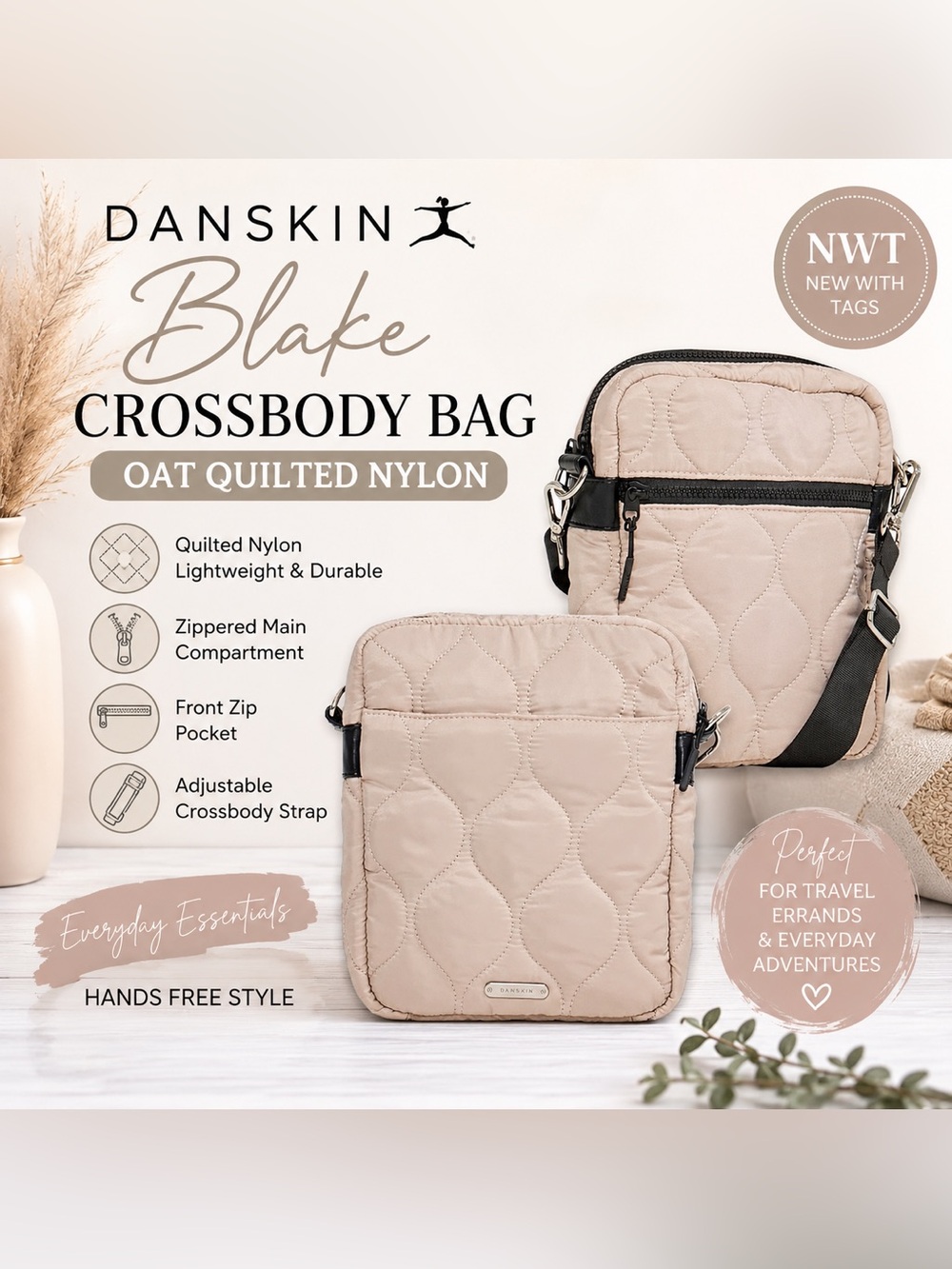Danskin Women’s Blake Crossbody Bag Oat Quilted Nylon Purse NWT